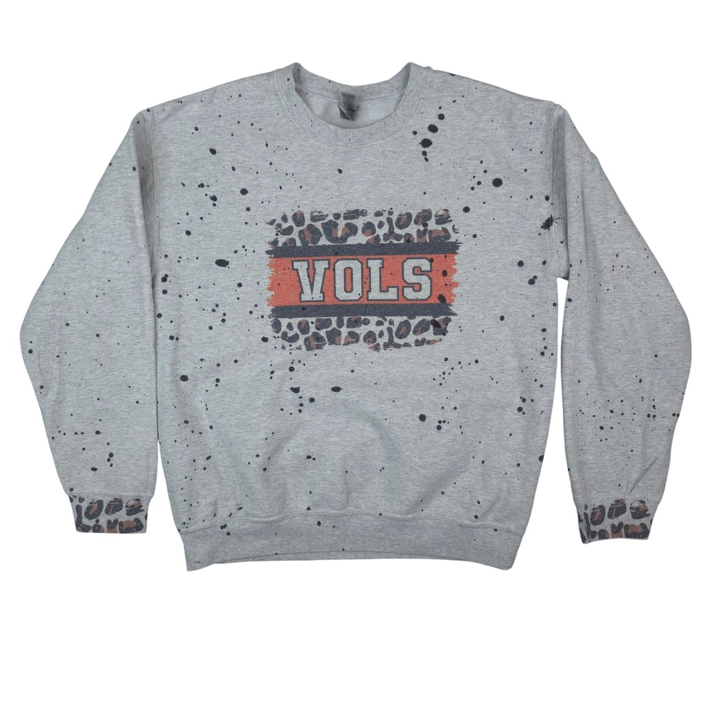 Tennessee Vols Sweatshirt Unisex Medium Gray Leopard Bleach Splatter Gameday